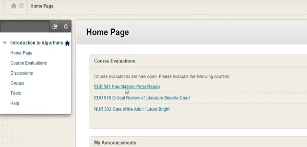 A screenshot example of SmartEvals Course Evaluation Software being integrated with Blackboard