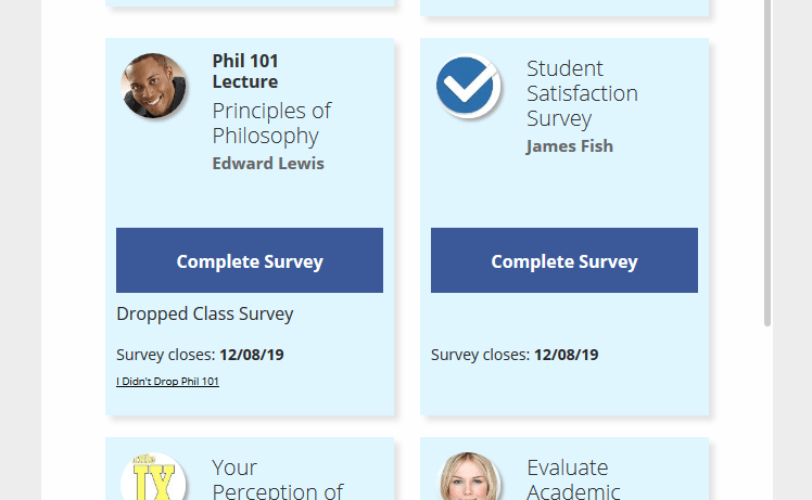 screenshot of how different types of surveys may appear on a student's to-complete list